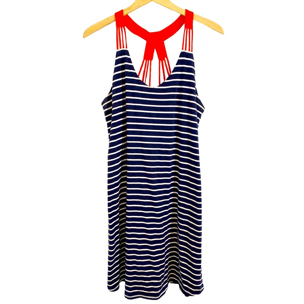 THML Blue & White Stripe Summer Dress With Contrast Orange Straps, Size Medium